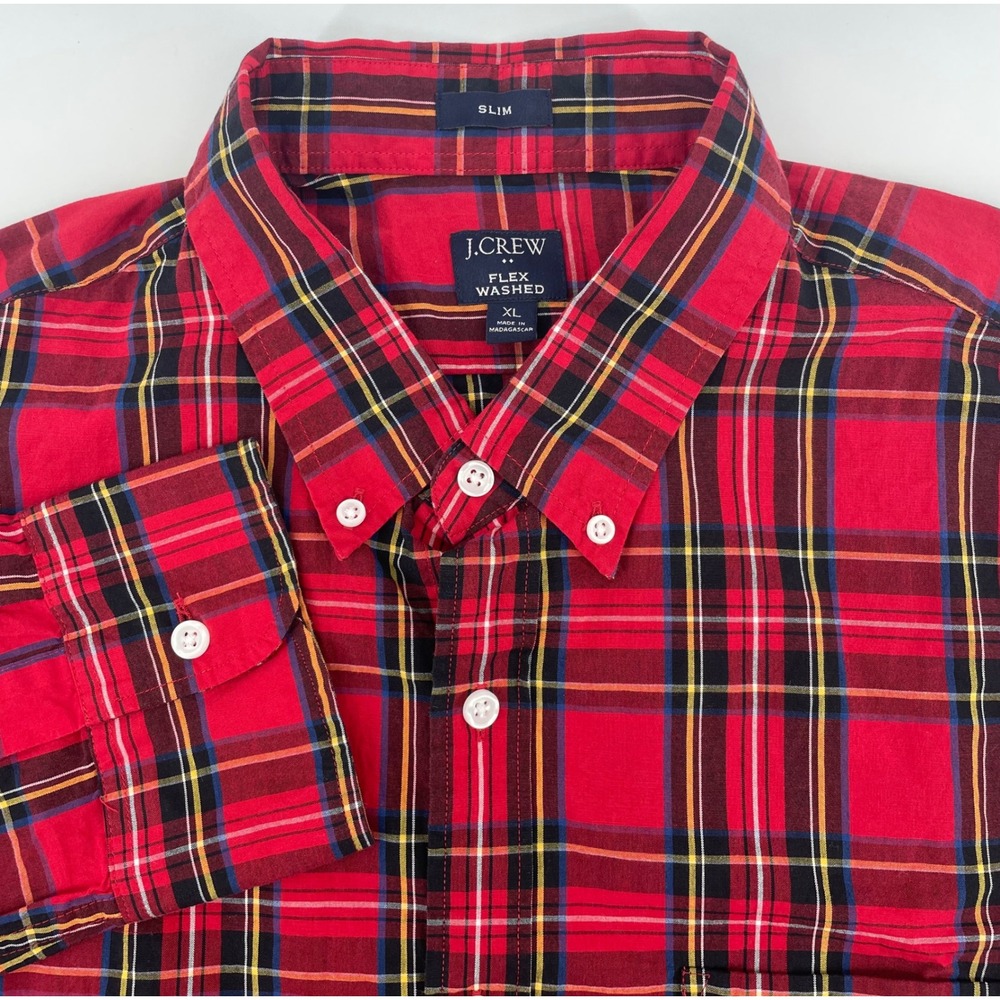 J.Crew Button Down Shirt Men XL Red Plaid Slim Flex Washed L/S Preppy Holiday